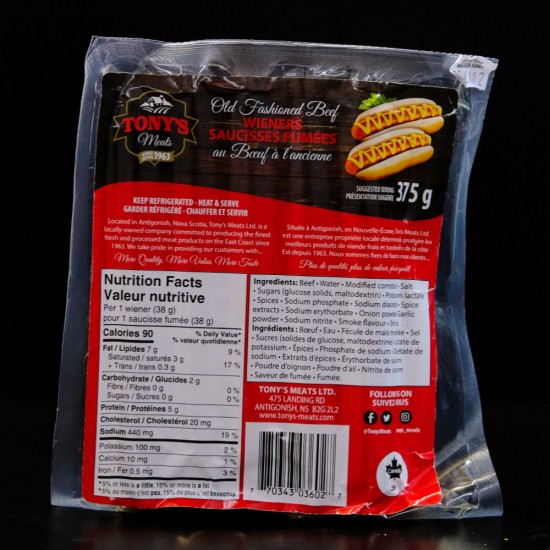 Tony's Meats Old Fashioned Beef Wieners (375g)